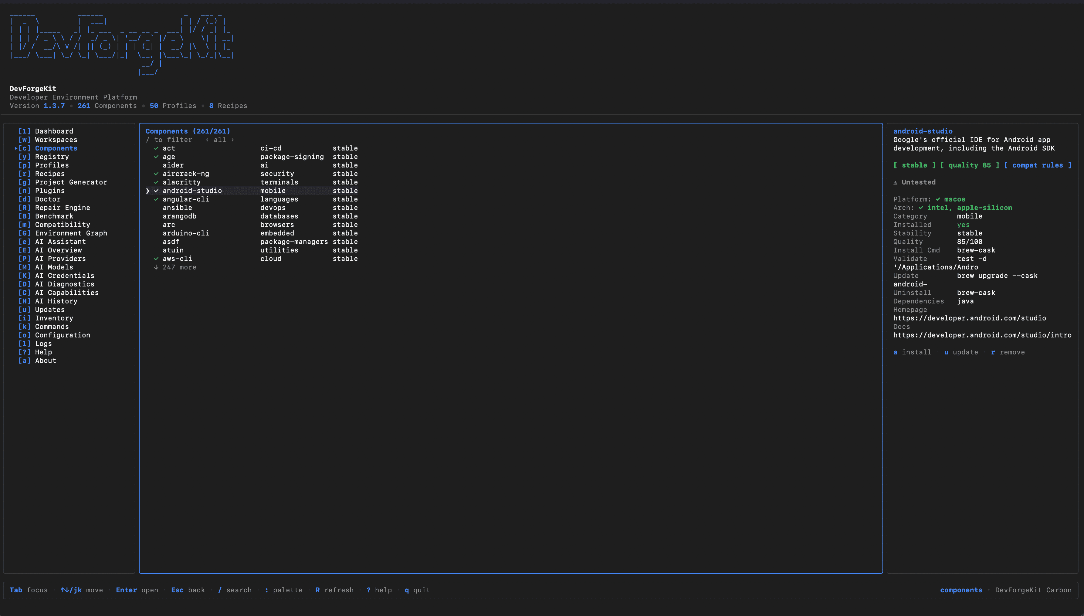 The Components page in the DevForgeKit dashboard