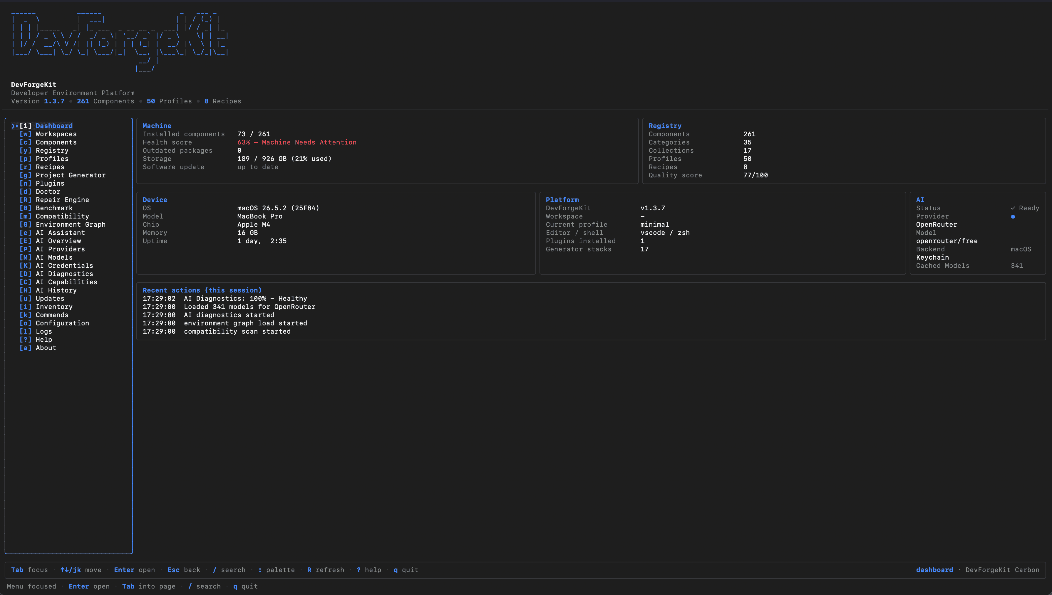 The DevForgeKit interactive dashboard